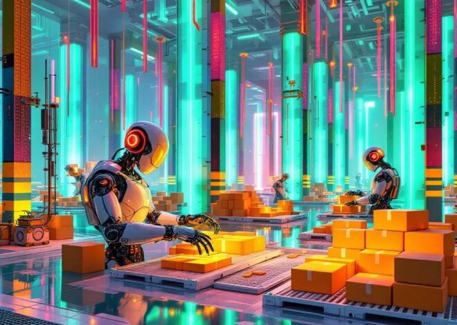 A High-Tech Warehouse with AI Robots Sorting Glowing Packages