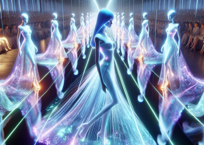 Virtual Catwalk with AI Models Showcasing Glowing Dresses