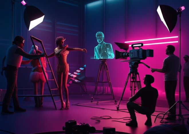 Futuristic Movie Set: The Clapperboard Meets the AI Hologram Director