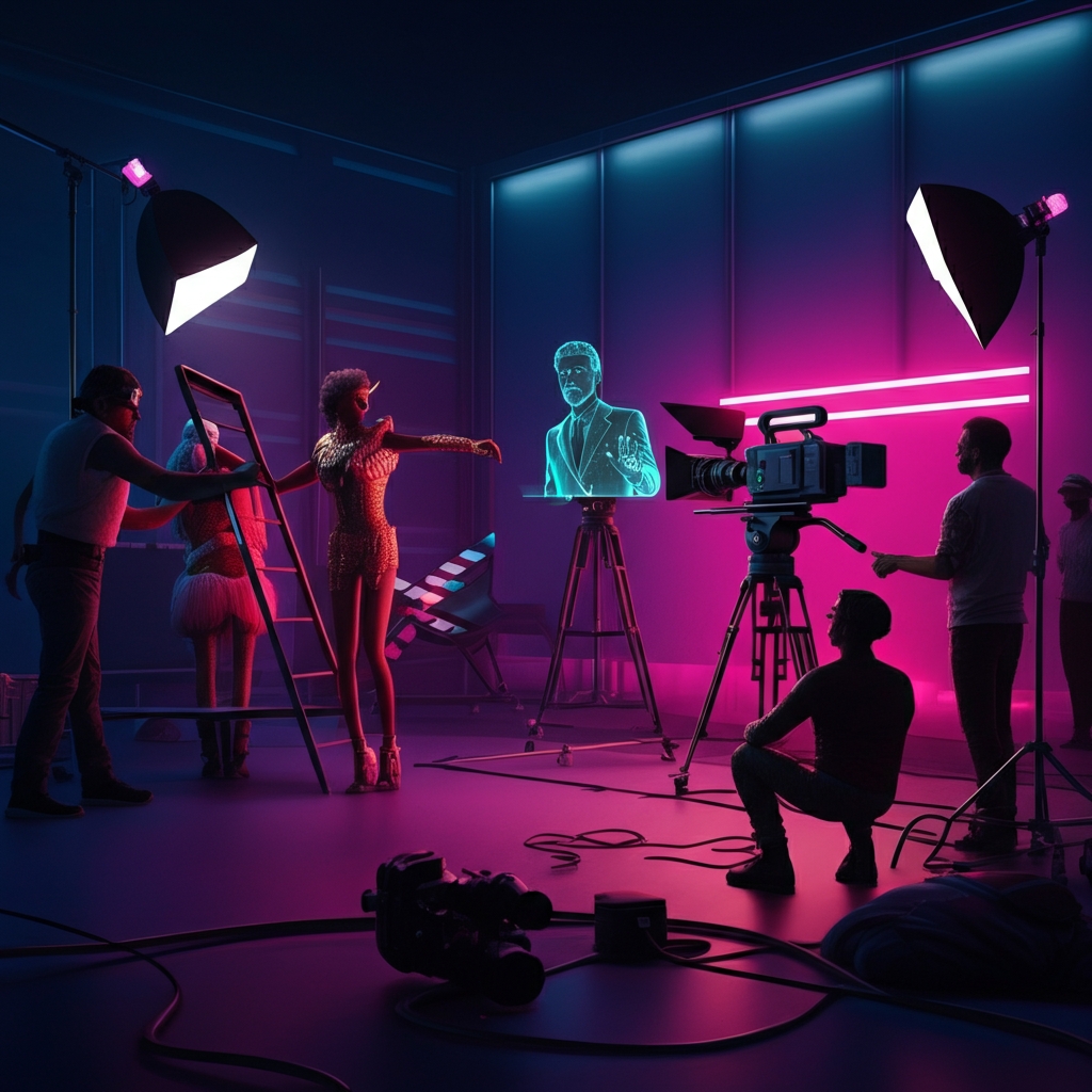 Futuristic Movie Set: The Clapperboard Meets the AI Hologram Director